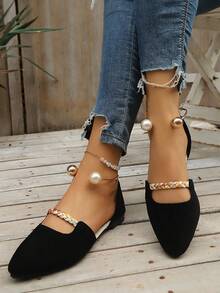 Women's New Pearl Ring Metal Flat Hollow Pointed Toe Low-Top Casual Beach Shoes - Black - View 3