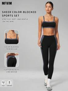 MFVIM Women's Contrast Color Sports Bra + High Waist Butt-Lifting Slimming Ankle-Length Yoga Pants Set - Premium Black - View 1