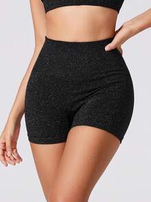 Women's Fashion Silver Thread Embellished Butt-Lifting Sports Shorts With Subtle Glitter, Pilates Black - Black - View 6