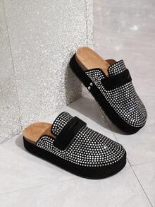 Sandalias tipo mule de mujer HGUIGJ de verano, nuevas, con punta redonda, strass y suela gruesa, estilo slip-on para playa y vacaciones, adecuadas para viajes al aire libre y compras diarias - Negro - View 5