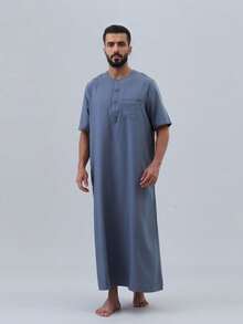 Men's Solid Color Short Sleeve Pocket Detail Crew Neck Casual Daily Style Long Robe - Dusty Blue - View 3