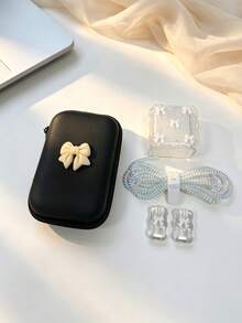 6pcs Pearl Bow Data Cable Protector Set With Bow Storage Bag, Compatible With Hard Shell CCD Camera, Earphones, Power Bank, Charging Cable Organizer, Glitter Bow Data Cable Protector, Wavy Cable Winder, Practical Daily Travel Accessories For Students, Multiple Colors Available - Multicolor - View 9