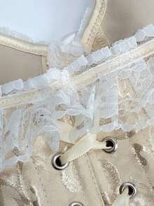 Women's Vintage Beige Strapless Corset Top, Lace Trim Bow Detail, Front Hook Closure Slim Fit Bustier For Halloween Cosplay, Party & Going Out - Apricot - View 5