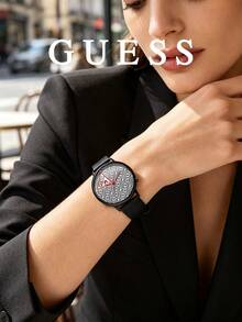 Guess Unisex Quartz Analog Wristwatch Black Leather Strap Geometric Monogram Pattern Dial Graphic Details For Business Casual And Sophisticated Daily Style - Black - View 2