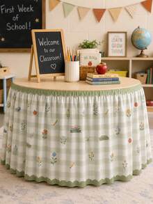 1pc Light Green Plaid Classroom Table Skirt, Sweet Campus Theme Polyester Tablecloth, Daisy Bow Apple Pencil Pattern, School Day Decoration Table Skirt, Suitable For Teacher Gifts, Home Decor, Classroom Decor And Party Decoration - Multicolor - View 8