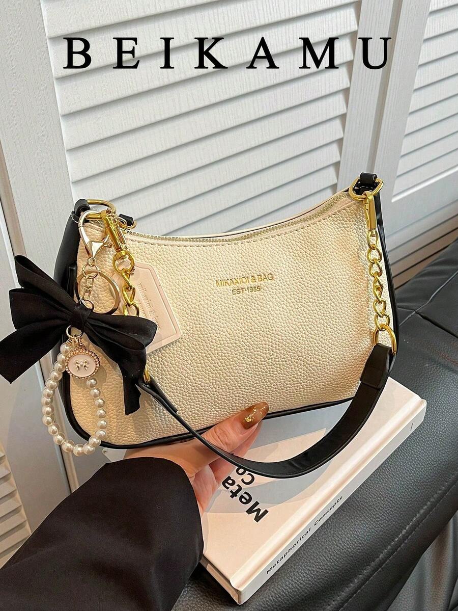 1pc Women's Solid Color PU Shoulder Bag, Multifunctional Underarm Bag, Suitable For Work Commute, Adjustable Strap Crossbody Bag With Elegant Bow Decor - White - View 1