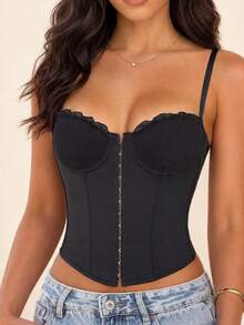 ApperlothPOP Women's Solid Color Vintage Gothic Corset Top Front Closure Lace Trim Spaghetti Strap Backless Outfit For Music Festivals,Halloween,Dates - Black - View 2