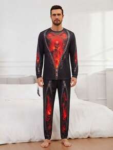 Men's Halloween Themed Pajamas, Skeleton Flame Print Long Sleeve Top + Pants, Fun Design Holiday Party Outfit Recommendation - Black - View 3