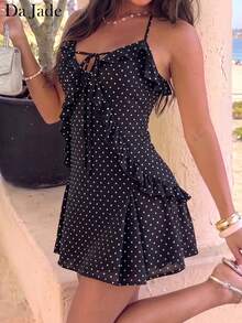 Da Jade Elegant Sexy Women's Polka Dot Chiffon Mini Dress, Sweet Ruffle Tie Front Spaghetti Strap Backless Flowy Hem, Summer Beach Vacation Date Outfit - Black - View 6