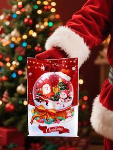 10/20/50pcs Christmas Gift Bags,Cartoon Santa Claus Pattern Plastic Tote Bags With Handle,4 Styles Party Favor Bags For Xmas Party,Classroom Decor - Multicolor - View 8