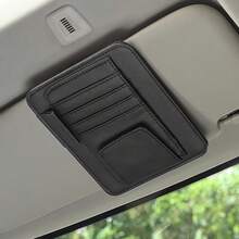 1pc Black Minimalist Car Leather Storage Bag, Hanging On Sun Visor, Compartment Pockets, One-Stop Storage For Cards, Glasses And Coins - Sun Visor Card Holder - View 3