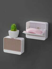 Wall-Mounted No-Drill Soap Holder Bathroom Sink Soap Drainage Storage Rack With Lid Dust-Proof Waterproof Soap Storage Box Dual Compartment Large Capacity Wall-Hanging Soap Storage Suitable For Bathroom, Toilet, Sink, Kitchen, Etc. - Multicolor - View 3
