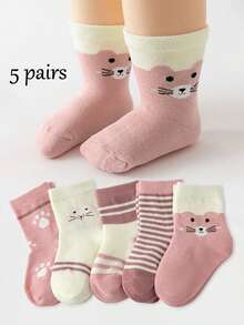 5 Pairs Pink Baby Socks, Cute Cartoon Cat Mid-Calf Socks For Baby Girls, Suitable For Spring, Summer, Autumn, Breathable And Comfortable - Multicolor - View 1
