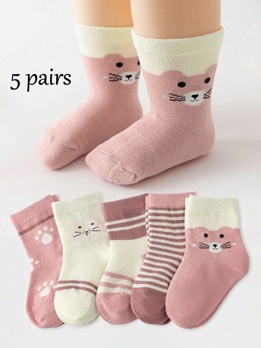 5 Pairs Pink Baby Socks, Cute Cartoon Cat Mid-Calf Socks For Baby Girls, Suitable For Spring, Summer, Autumn, Breathable And Comfortable - Multicolor - View 1