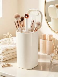 1pc Dust-Proof Makeup Brush Storage Bucket, Automatic Lift Design, 4-Compartment Partition, Large Capacity All-In-One Makeup Organizer, Suitable For Vanity Tabletop - View 6