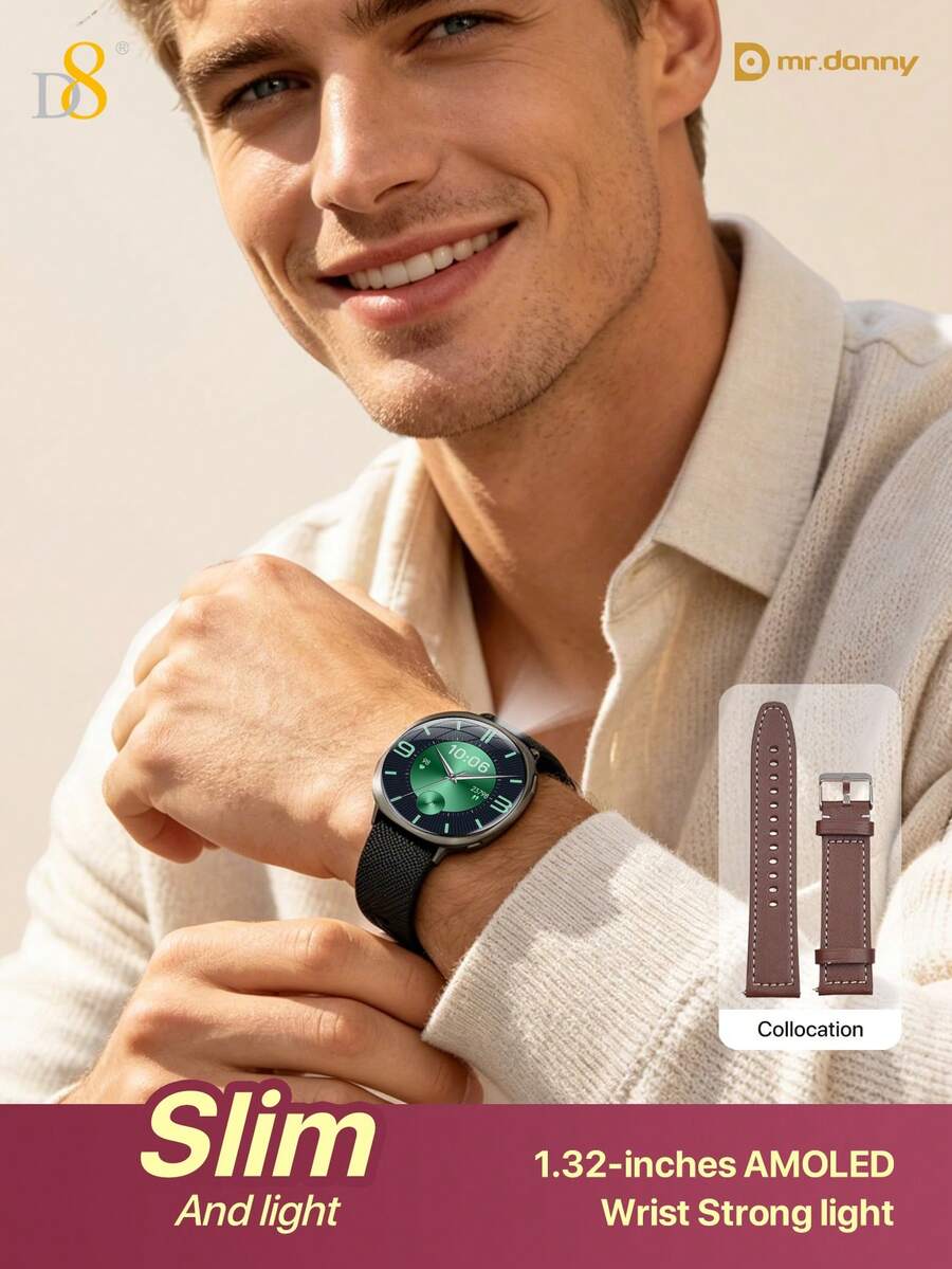 D8 Curved Screen Smart Watch, Ultra-Thin Dual-Sphere Lightweight Body, 1.32-Inch High-Brightness Anti-Glare AMOLED Full Touch Screen, IP68 Waterproof Smart Watch, Suitable For Swimming, Running And Sports, All-Day Fitness Tracking, Compatible With Android And IOS