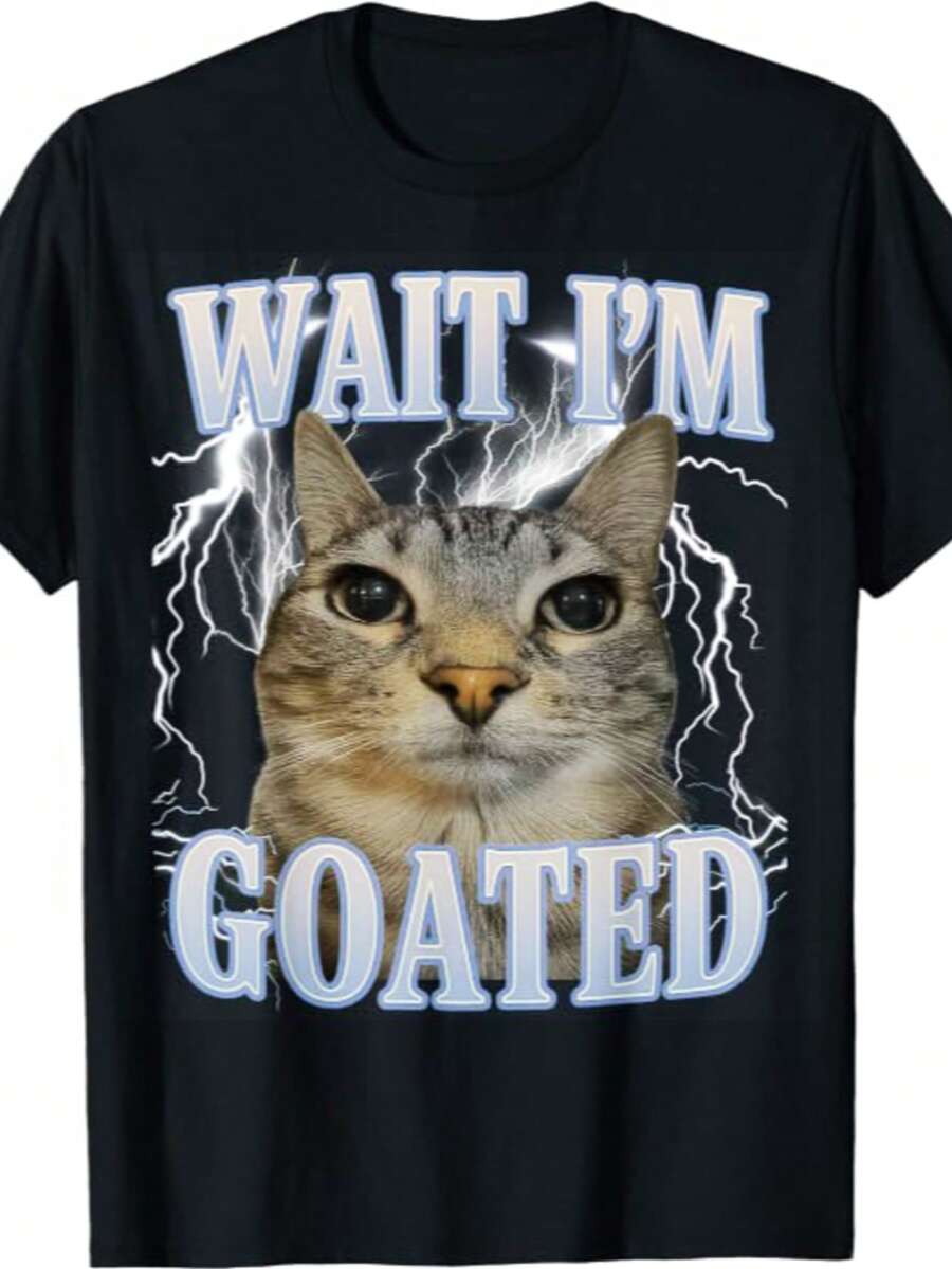Funny Cat Meme T-Shirt For Men – 'Tummy Ache Survivor' Sarcasm Humor, Casual Round Neck Tee,Meme Shirts, Graphic Tee - 黑色11 - 查看 1