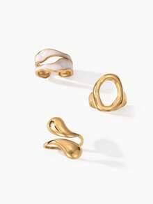 Vandermere 3pcs/Set Fashionable Stainless Steel Smooth Teardrop Hollow Ring, Suitable For Daily Wear For Women - Gold - View 2