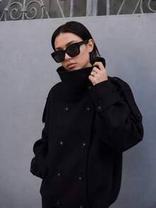 女款時尚黑色粗花呢豌豆大衣，大翻領雙排扣夾克，秋冬休閒優雅穿搭 - 黑色 - 查看 1