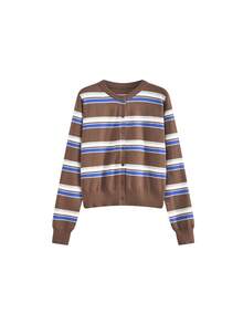 Women's Autumn Korean Style Vintage Youthful Round Neck Single-Breasted Long Sleeve Striped Knit Cardigan - Coffee Brown - View 3