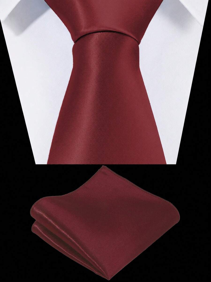 1 Set Dasi dan Sapu Tangan Pria Warna Polos - Dasi Satin dengan Sapu Tangan, Set Dasi Bisnis dan Sapu Tangan untuk Pria - merah anggur - View 1