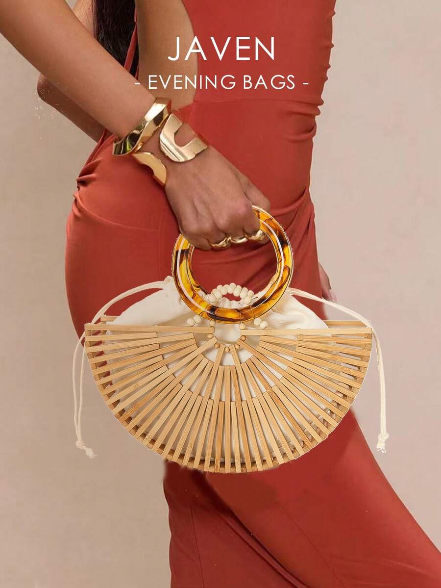 Bolsa De Playa Informal Tejida A Mano Con Acrílico Con Diseño De Bambú Y Agujeros, Que Incluye Una Bolsa Interior Con Cordón, Y Es Ideal Para Vacaciones En La Playa - Beis - Ver 1