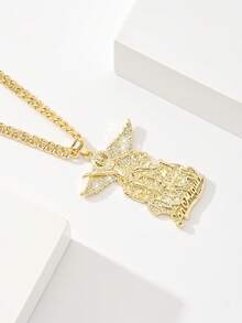 1PC Vintage Women's St. Michael Pendant Necklace, 14K Gold Plated Copper Pendant Inlaid With Zirconia, St. Michael Relief Symbolizing Peace And Protection Paired With Cuban Chain, Suitable For Christmas/Thanksgiving/Halloween/Mother's Day/Valentine's Day/Couples/Friends/Fellow Believers Gift, Catholic First Communion, Gift, Daily And Holiday Wear For Prayer - Yellow Gold - View 6