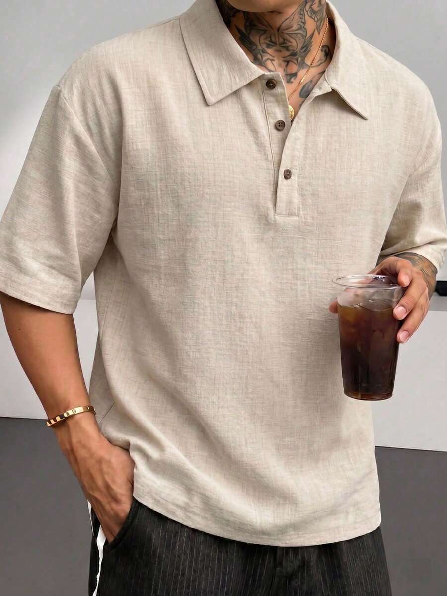 Blueprint Man 1件男士 Polo 衫,淺色仿亞麻紋理 Polo 領短袖 T 恤,垂墜感仿亞麻面料,寬鬆舒適日系休閒輕商務通勤,適合日常通勤商務休閒春/夏穿著或疊穿 - 杏色 - 查看 1