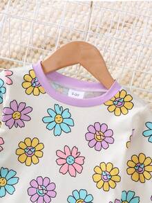 BrownBark Girls' Spring/Autumn Long Sleeve Home Wear Set, Colorful Face & Floral Print, Round Neck, Soft & Comfortable, Breathable Casual 2-Piece Set With Long Pants, 2-7 Years Old - Beige - View 4