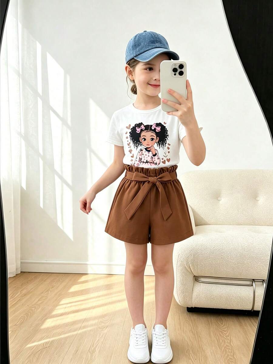 少女卡通角色印花短袖T恤與短褲休閒套裝 - 白色 - 查看 1