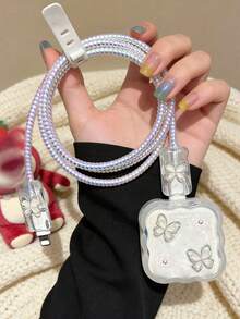 Silver Bow/Cherry/Flower Design, Scratch-Resistant, Break-Resistant Fast Charging Apple 20W UK Plug Charger Protective Case Compatible With Iphone Data Cable Protective Case - Clear - View 4