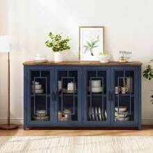 160cm Wide Kitchen Sideboard With Glass Doors, A Spacious Storage Compartment, A Wood-Look Worktop And Anti-Tip Protection. This Modern Sideboard Is Suitable For Kitchens, Dining Rooms And Living Rooms. - Navy Blue - View 10