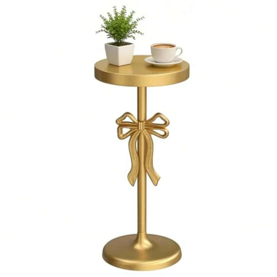 Mesa Auxiliar Dorada para Bebidas, Mesa Auxiliar de Metal para Martini 25 x 55 cm,Mesa Auxiliar pequeña Dorada con Lazo Decorativo, Mesa Auxiliar con Pedestal para Espacios pequeños - Multicolor - Ver 1