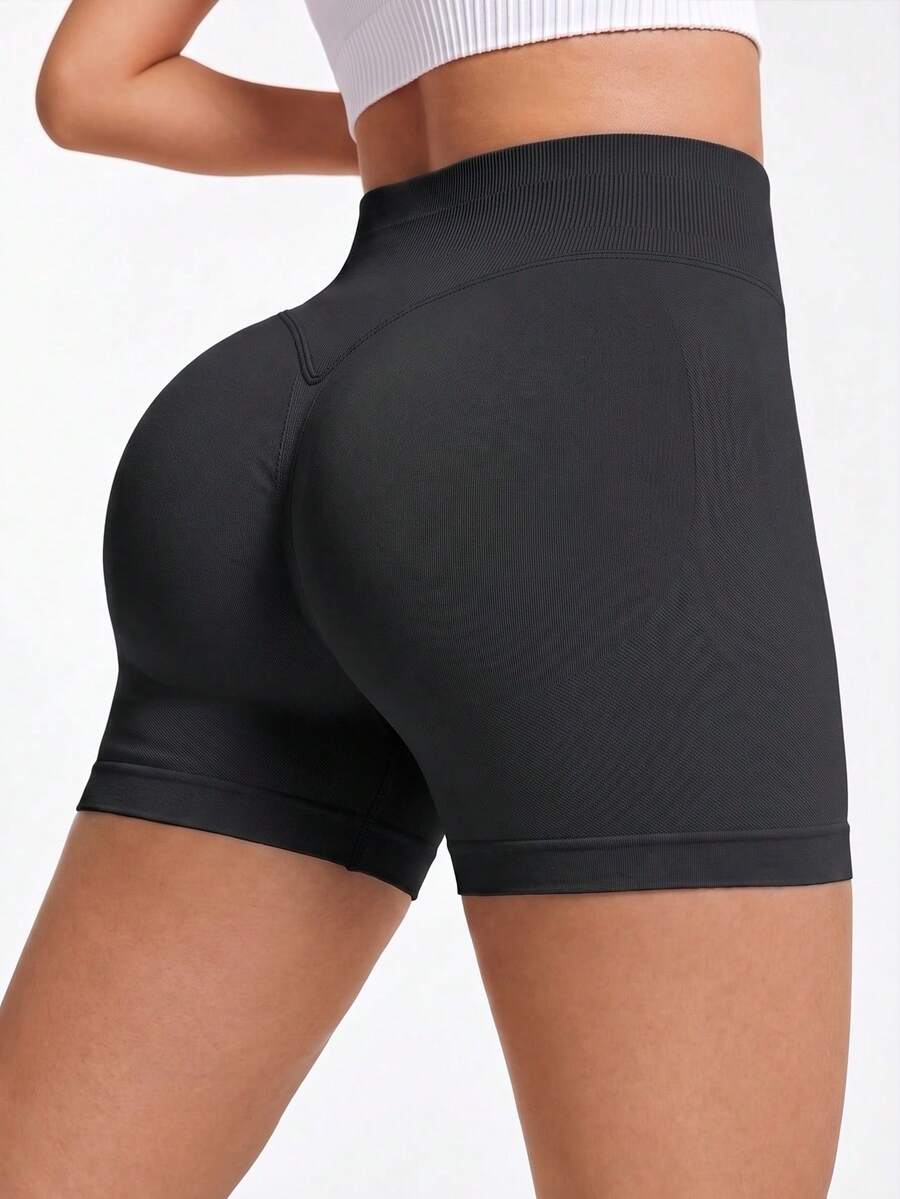 1pc Fashion Women's 3-Section Waist Short Black Tight Leggings, Knitted Fabric, Medium Stretch Summer - Black - View 1
