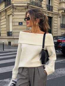 2026 Women's Autumn/Winter New Slouchy Sweater High-End Knit Off-Shoulder Top - White - View 8
