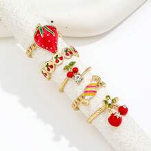 5PCS Vintage Gold-Tone Faux Enamel Strawberry Rings, Cute Fruit Element Cherry Strawberry Rhinestone Drip Glaze Ring Set For Women - Gold - View 2