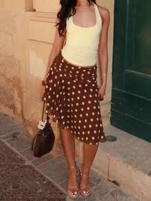 Women's Casual Polka Dot Asymmetric Skirt, Elegant Fashion Party Style, Polyester Mid-Stretch Skirt - Brown - View 1