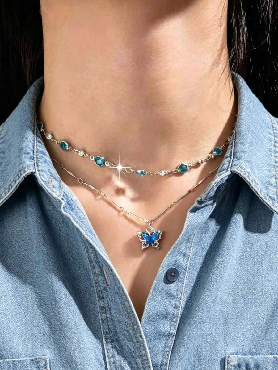 2pcs/Set Layered Rhinestone Butterfly Pendant Necklace, Fashionable Teen Necklace Set - Style 3 - View 1