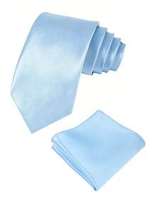 1 Set Dasi dan Sapu Tangan Pria Warna Polos 8cm, Set Dasi dan Sapu Tangan Satin, Dasi dan Sapu Tangan untuk Bisnis, Hadiah Hari Ayah - Baby Blue - View 2