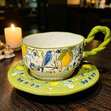 1 Set Vintage Floral & Bird Pattern Ceramic Coffee Cup With Tray, Embossed Wavy Edge Coaster, European Retro Afternoon Tea Cup, Home Breakfast Latte Milk Cup, Coffee Shop Hotel Tabletop Decor, Perfect Birthday Gift For Women - Multicolor - View 2
