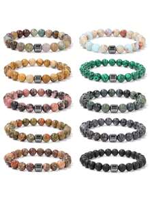 8mm Men's Natural Stone Energy Bracelet, Elastic Cord Beaded, Hematite, Malachite, Tiger Eye, Turquoise, Shoushan Stone, Multiple Styles Available - Energy Bracelet - View 2