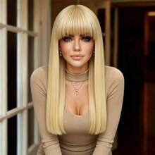 24 Inch Straight Bangs Wig, High Density Hair, Smooth And Natural Styling, Comfortable Fit, Heat Resistant And Durable, Suitable For Easter Party Costume, Versatile Fashion, Universal For All Women, Elegant Hairstyle Accessory - Gold 1 - View 7