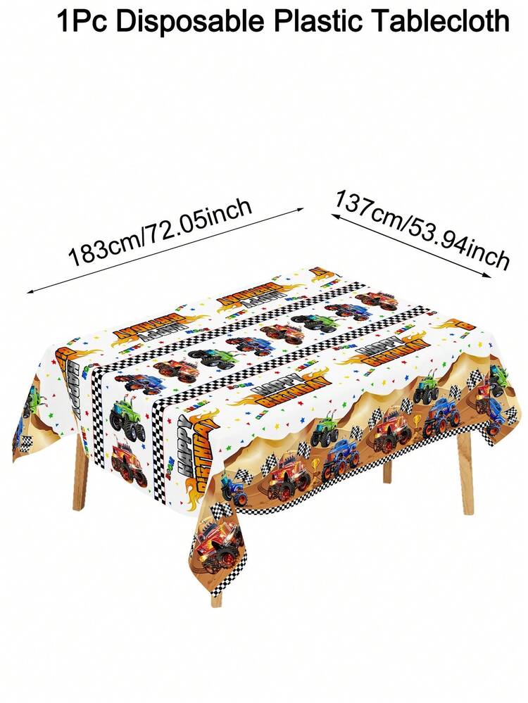 1pc Cartoon Off-Road Vehicle Tablecloth,137*183cm Happy Birthday Disposable Tablecloth,PE Table Runner For Table Decor,Boys Birthday Party Supplies - Multicolor - View 2