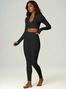 UONNOU 2pcs Women's Sports Shaping Set, Wheat Ribbed Zipper Long Sleeve Cropped Top & High Waist Tummy Control Butt Lifting Leggings - Black - View 10
