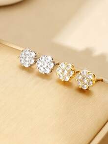 2pcs Full Rhinestone Zirconia Flower Stud Earrings, Fashionable Luxury Niche High-End Earrings, Daily Versatile Unisex Ear Jewelry - Flower Earrings - View 2