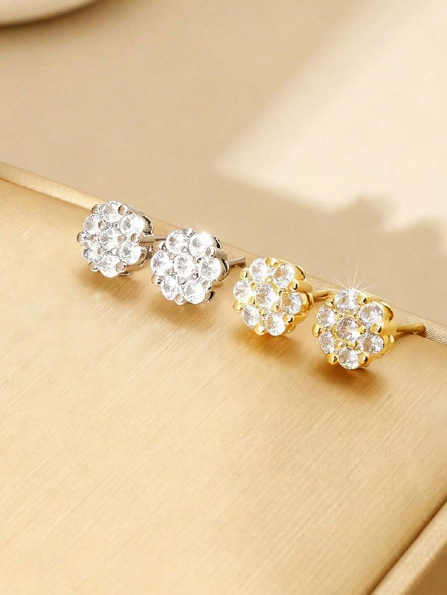 2pcs Full Rhinestone Zirconia Flower Stud Earrings, Fashionable Luxury Niche High-End Earrings, Daily Versatile Unisex Ear Jewelry