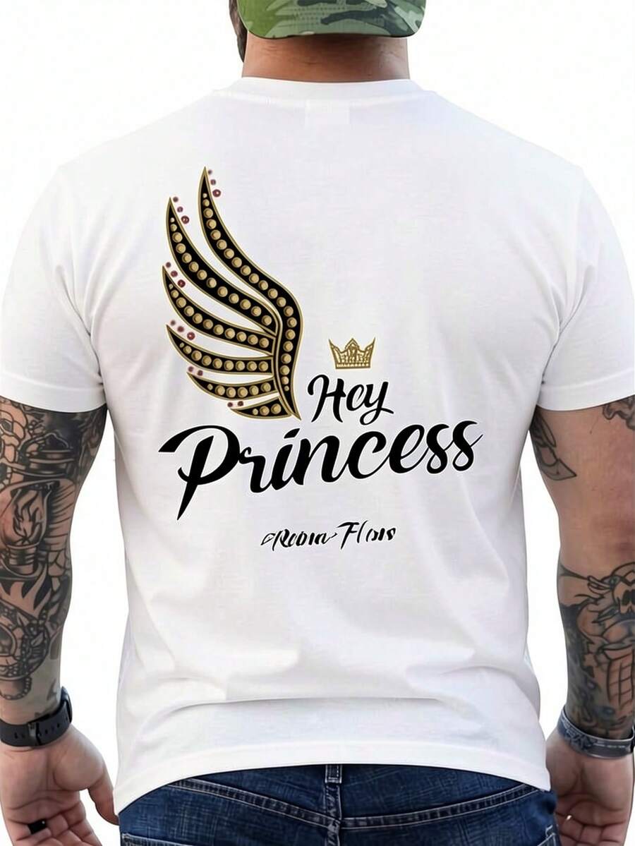 Men's Casual T-Shirt, Golden Wings And Princess Crown Design, Perfect For Summer, Gift For Him - 白色 - 查看 1