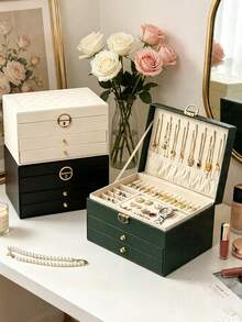 Caja de almacenamiento de joyas portátil de 3 capas, caja de regalo de joyas de cuero, caja de almacenamiento de escritorio con cajones, caja de almacenamiento apilable, caja de almacenamiento de joyas con cajones para tocador, adecuada para joyas, aretes, collares, pulseras - Joyero - Ver 3