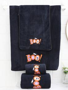 Halloween BOO Embroidered Bath Towel Set, Black Soft Coral Fleece Bath Towel With Spider Web And Ghost Embroidery, Spooky Halloween Decor Bathroom Towel Gift, Suitable For Home Use - Black - View 5