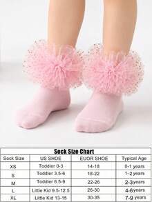 1 Pair Children's Fluffy Mesh Lace Socks With Gold Star Sequins, Princess Performance Birthday Decorative Socks - Pink - View 4